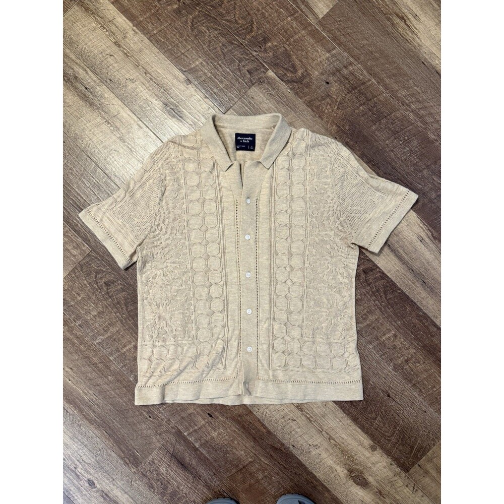 Abercrombie and Fitch Open Knit Button Up Short Sleeve Sweater Mens LARGE Tan L